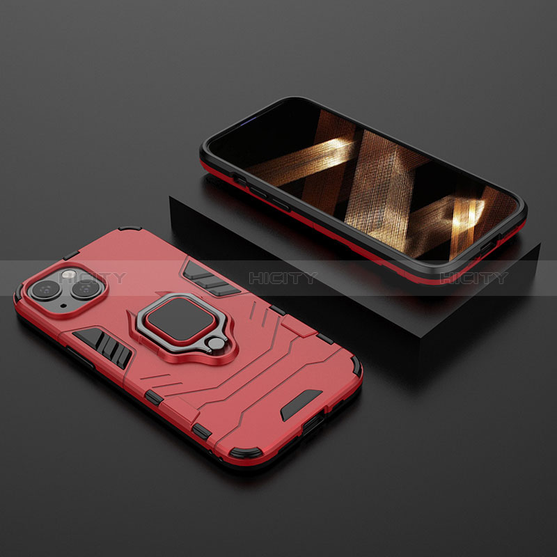 Custodia Silicone e Plastica Opaca Cover con Magnetico Anello Supporto S02 per Apple iPhone 15 Rosso