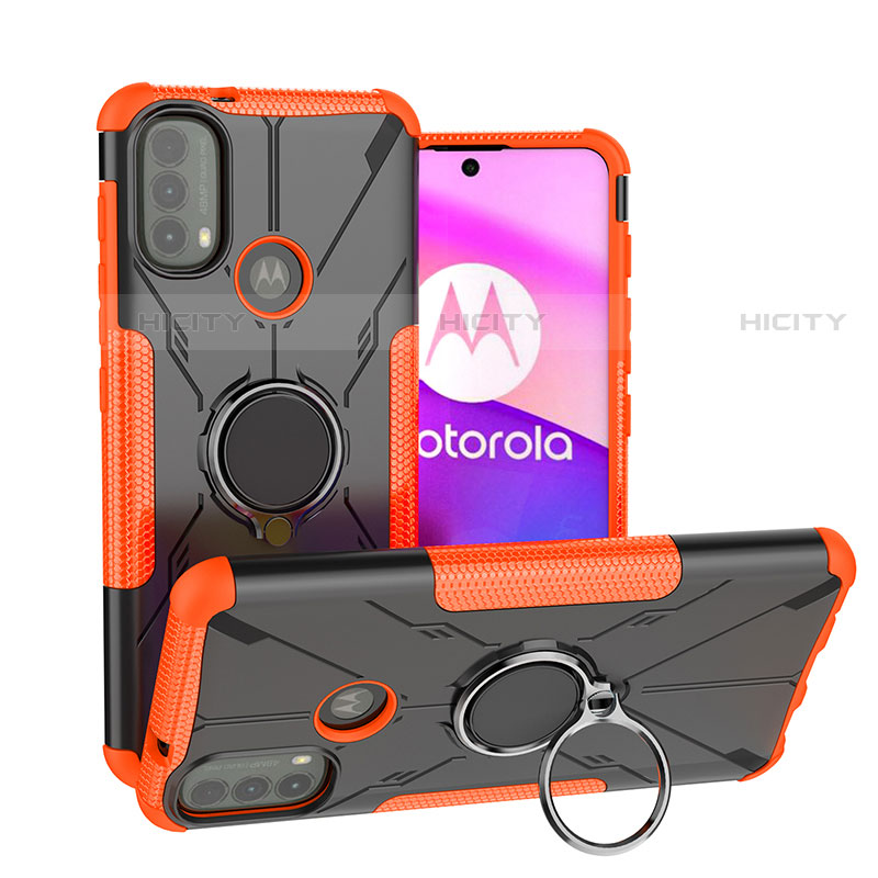 Custodia Silicone e Plastica Opaca Cover con Magnetico Anello Supporto S02 per Motorola Moto E20 Arancione