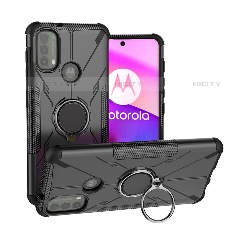 Custodia Silicone e Plastica Opaca Cover con Magnetico Anello Supporto S02 per Motorola Moto E20 Nero