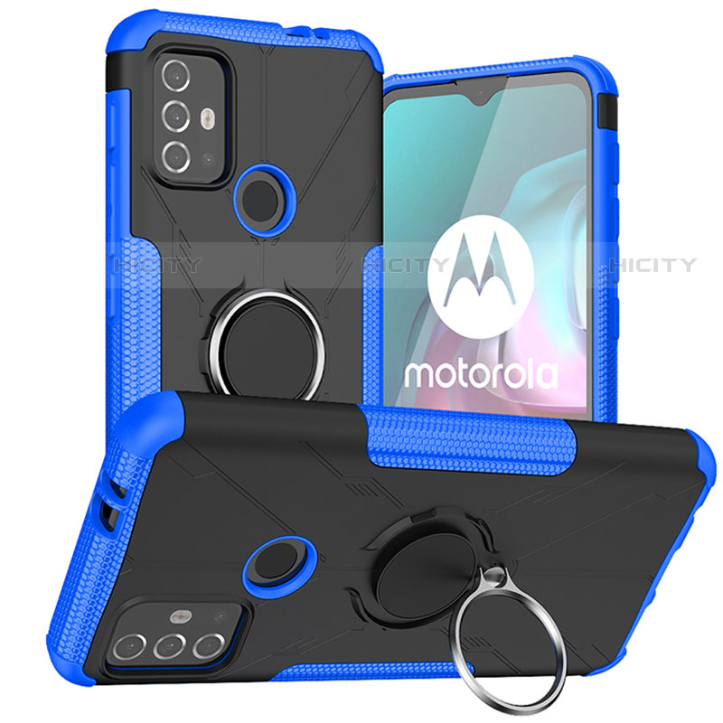 Custodia Silicone e Plastica Opaca Cover con Magnetico Anello Supporto S02 per Motorola Moto G30 Blu