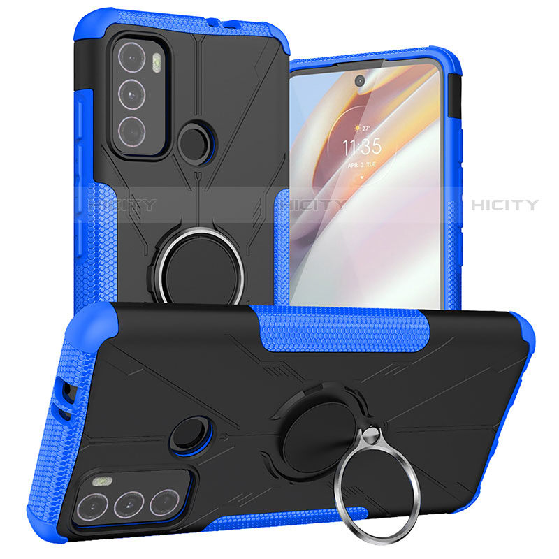 Custodia Silicone e Plastica Opaca Cover con Magnetico Anello Supporto S02 per Motorola Moto G60 Blu