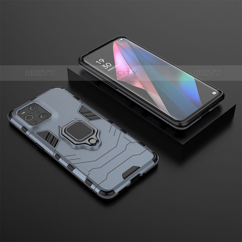 Custodia Silicone e Plastica Opaca Cover con Magnetico Anello Supporto S02 per Oppo Find X3 Pro 5G Blu