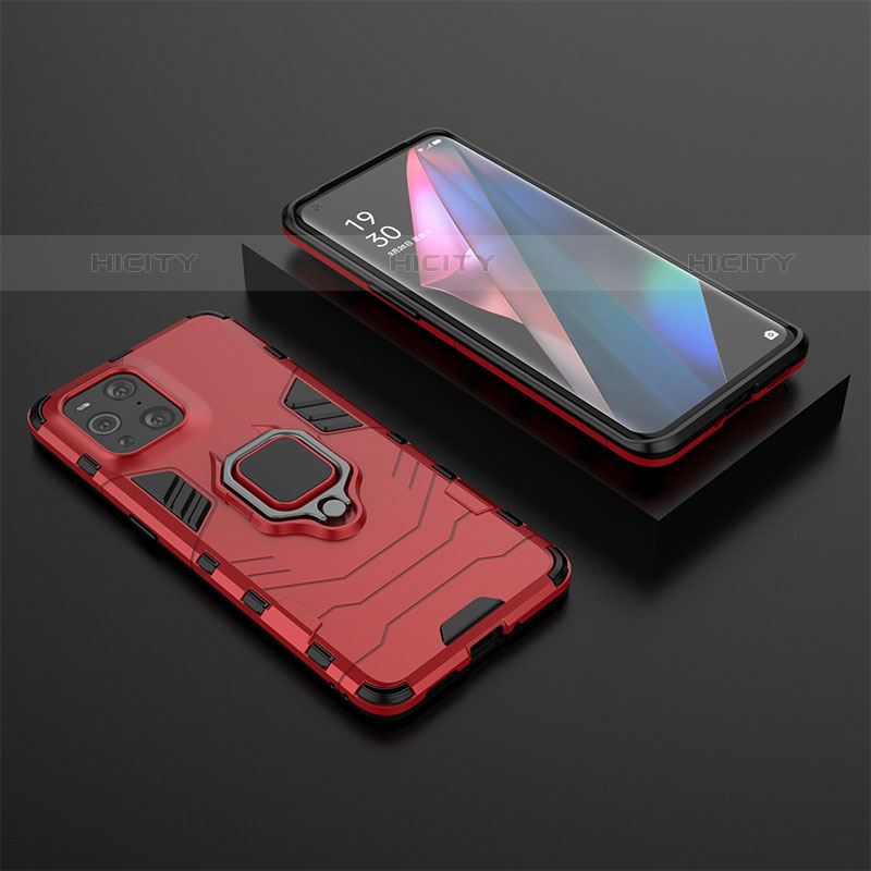 Custodia Silicone e Plastica Opaca Cover con Magnetico Anello Supporto S02 per Oppo Find X3 Pro 5G Rosso