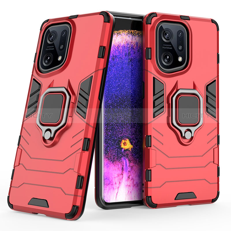 Custodia Silicone e Plastica Opaca Cover con Magnetico Anello Supporto S02 per Oppo Find X5 5G Rosso