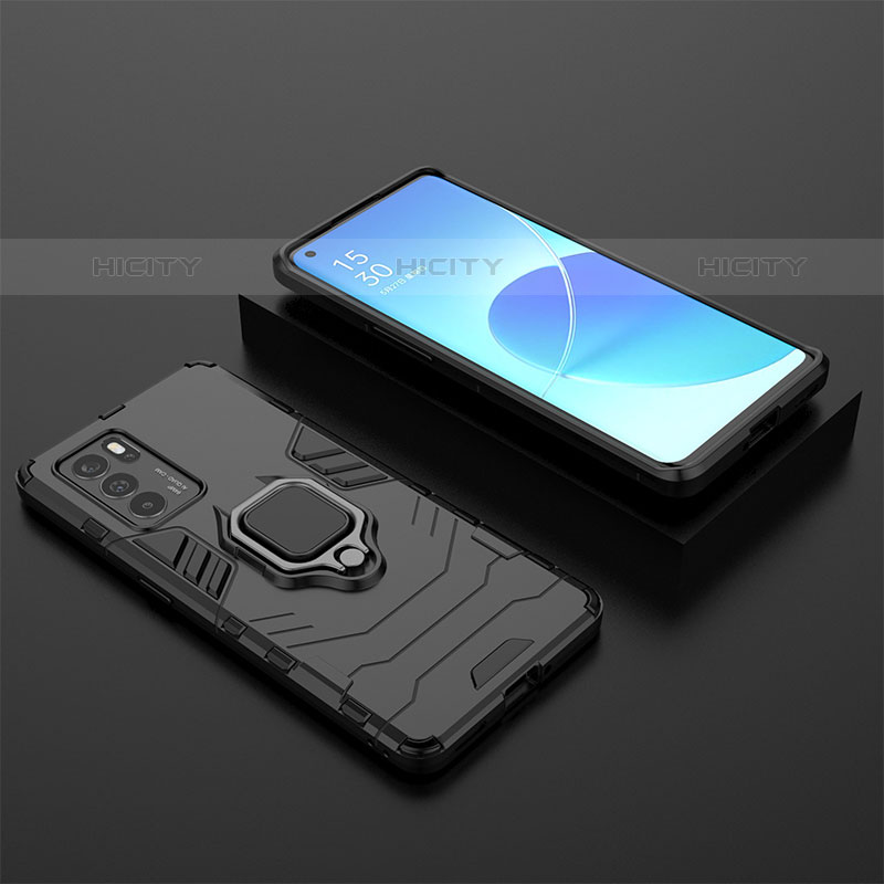 Custodia Silicone e Plastica Opaca Cover con Magnetico Anello Supporto S02 per Oppo Reno6 Pro 5G India Nero