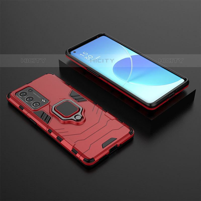 Custodia Silicone e Plastica Opaca Cover con Magnetico Anello Supporto S02 per Oppo Reno6 Pro 5G Rosso