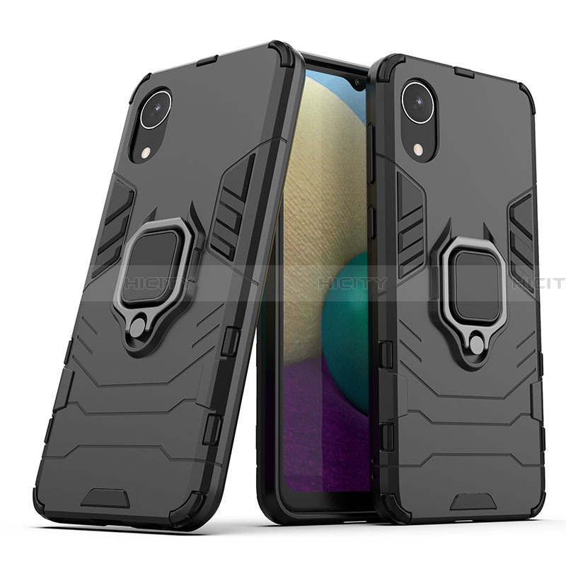 Custodia Silicone e Plastica Opaca Cover con Magnetico Anello Supporto S02 per Samsung Galaxy A03 Core Nero