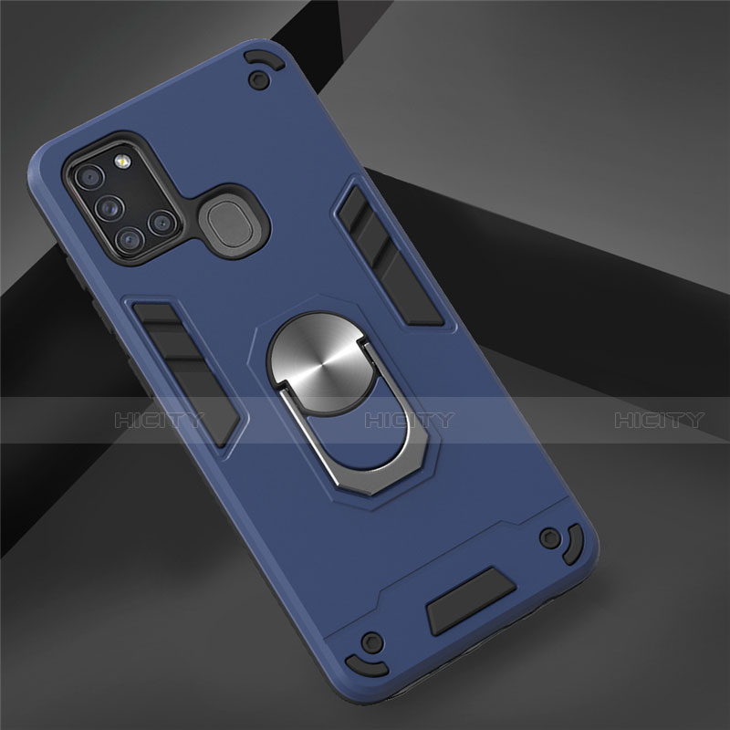 Custodia Silicone e Plastica Opaca Cover con Magnetico Anello Supporto S02 per Samsung Galaxy A21s Blu