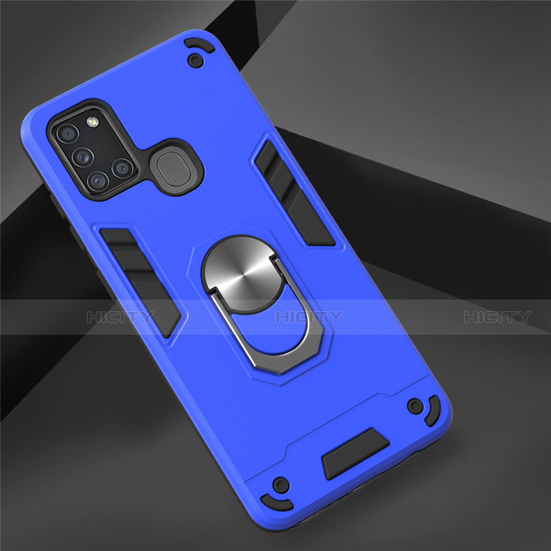 Custodia Silicone e Plastica Opaca Cover con Magnetico Anello Supporto S02 per Samsung Galaxy A21s Cielo Blu