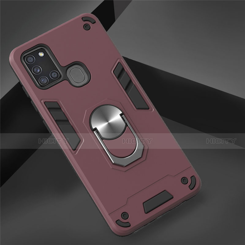 Custodia Silicone e Plastica Opaca Cover con Magnetico Anello Supporto S02 per Samsung Galaxy A21s Rosso Rosa