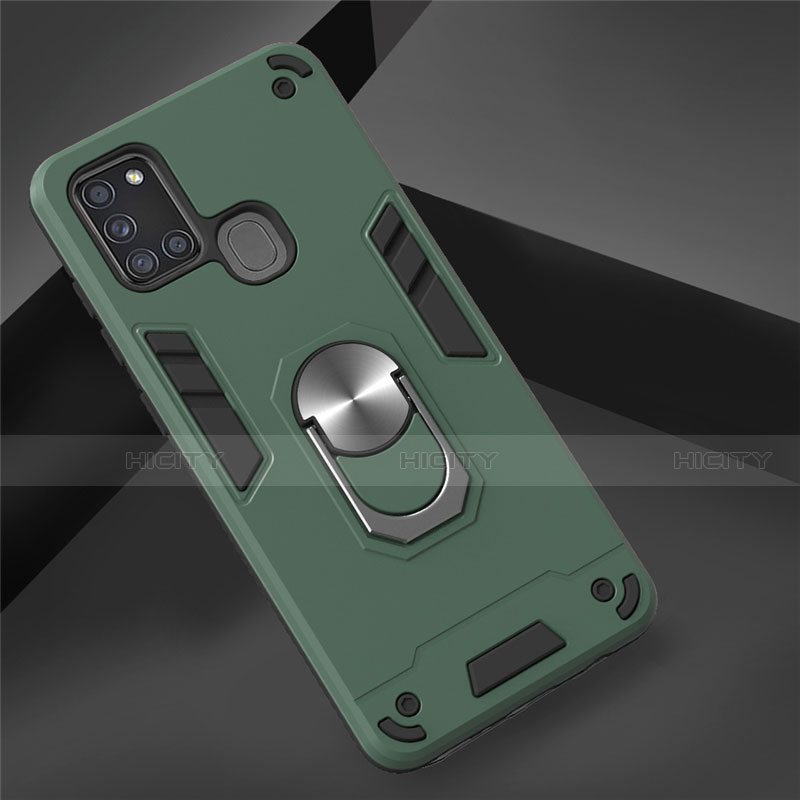 Custodia Silicone e Plastica Opaca Cover con Magnetico Anello Supporto S02 per Samsung Galaxy A21s Verde