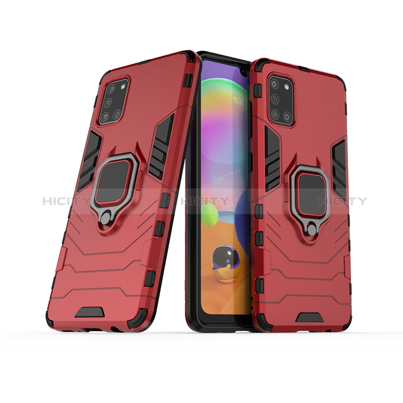 Custodia Silicone e Plastica Opaca Cover con Magnetico Anello Supporto S02 per Samsung Galaxy A31 Rosso