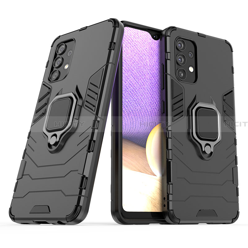 Custodia Silicone e Plastica Opaca Cover con Magnetico Anello Supporto S02 per Samsung Galaxy A32 5G Nero