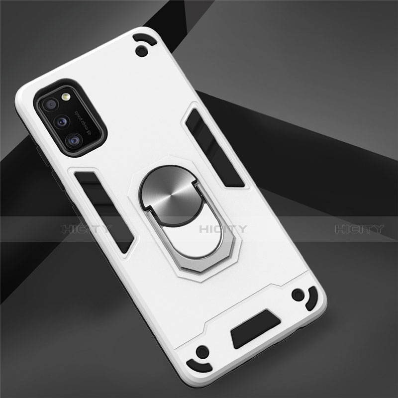 Custodia Silicone e Plastica Opaca Cover con Magnetico Anello Supporto S02 per Samsung Galaxy A41 Bianco