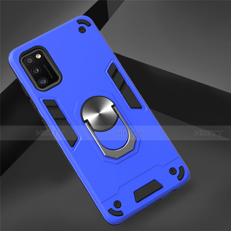 Custodia Silicone e Plastica Opaca Cover con Magnetico Anello Supporto S02 per Samsung Galaxy A41 Cielo Blu