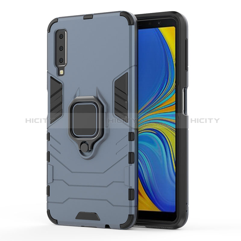 Custodia Silicone e Plastica Opaca Cover con Magnetico Anello Supporto S02 per Samsung Galaxy A7 (2018) A750 Blu