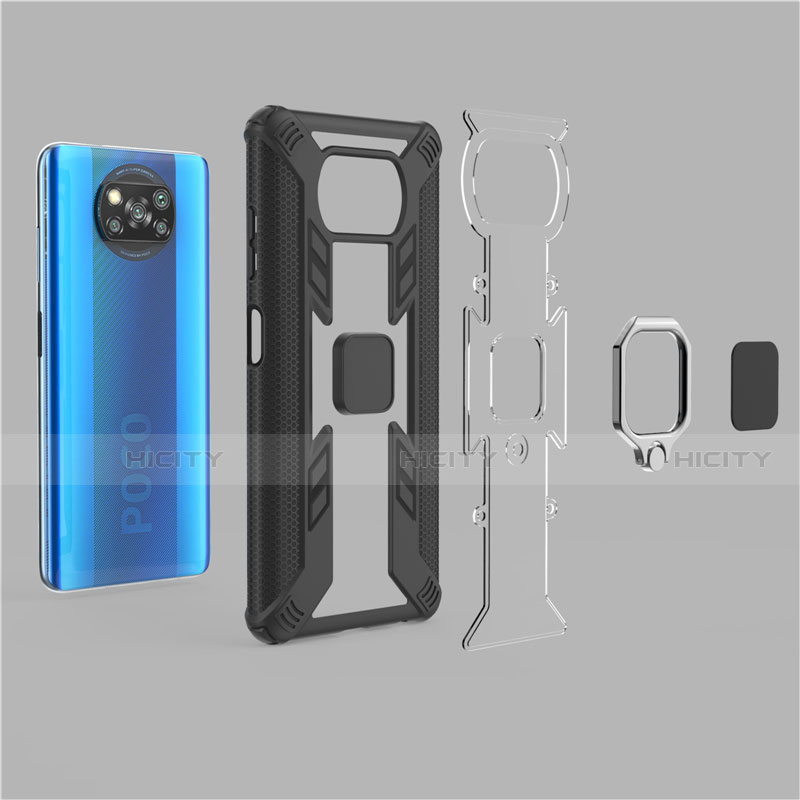 Custodia Silicone e Plastica Opaca Cover con Magnetico Anello Supporto S02 per Xiaomi Poco X3 NFC