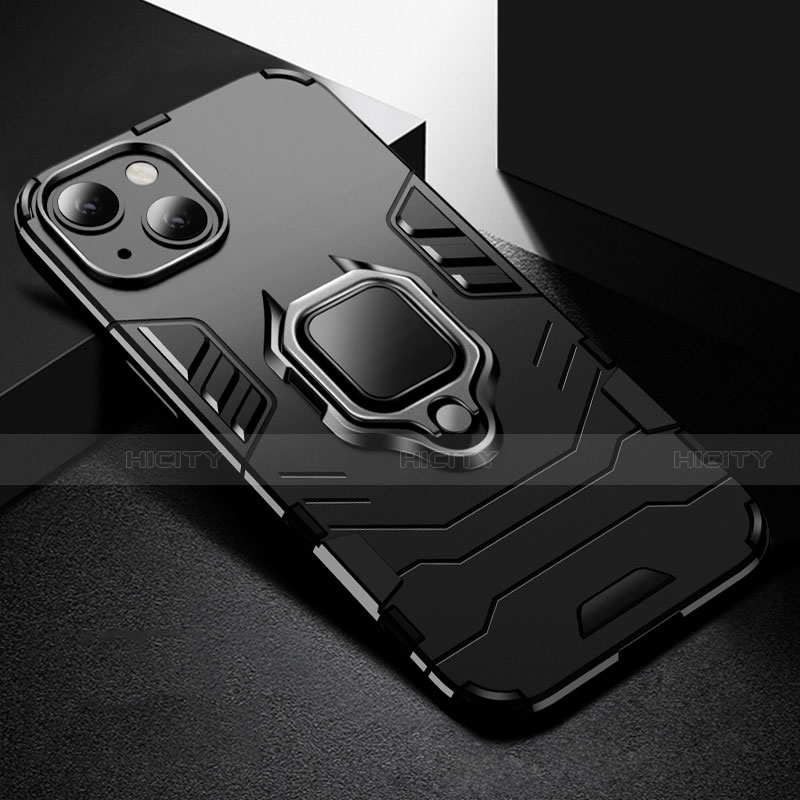 Custodia Silicone e Plastica Opaca Cover con Magnetico Anello Supporto S03 per Apple iPhone 13 Mini Nero