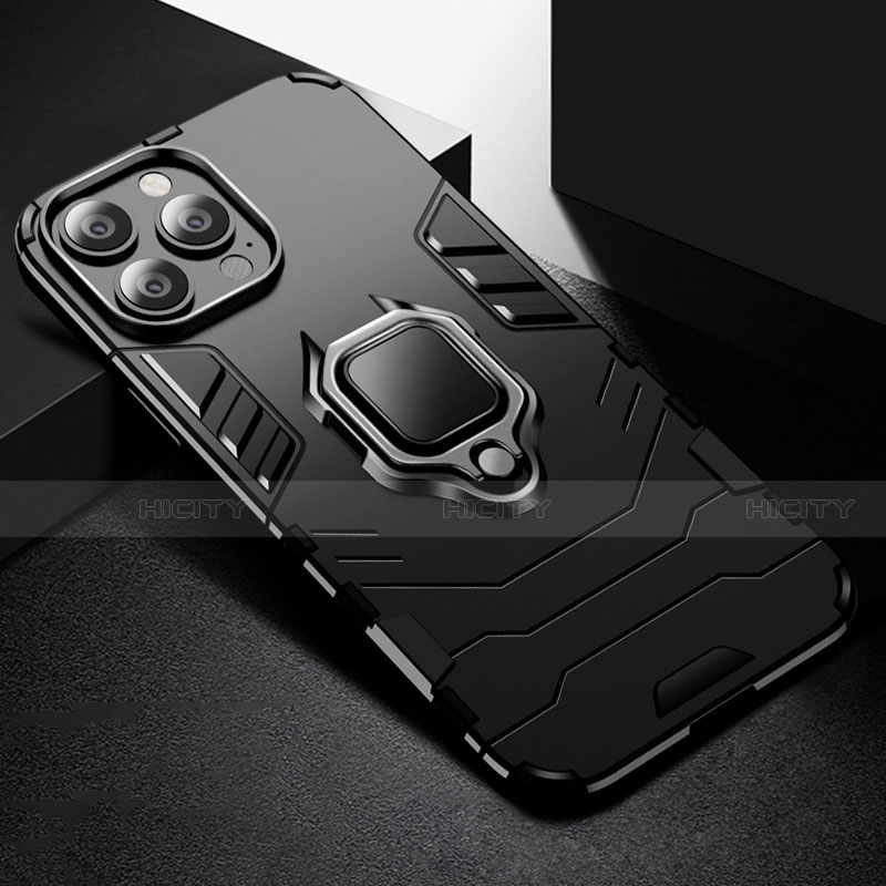 Custodia Silicone e Plastica Opaca Cover con Magnetico Anello Supporto S03 per Apple iPhone 13 Pro Nero