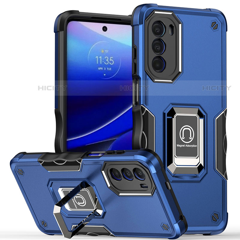 Custodia Silicone e Plastica Opaca Cover con Magnetico Anello Supporto S03 per Motorola Moto Edge (2022) 5G Blu