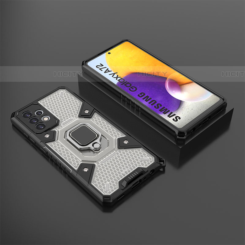 Custodia Silicone e Plastica Opaca Cover con Magnetico Anello Supporto S03 per Samsung Galaxy A72 4G Nero