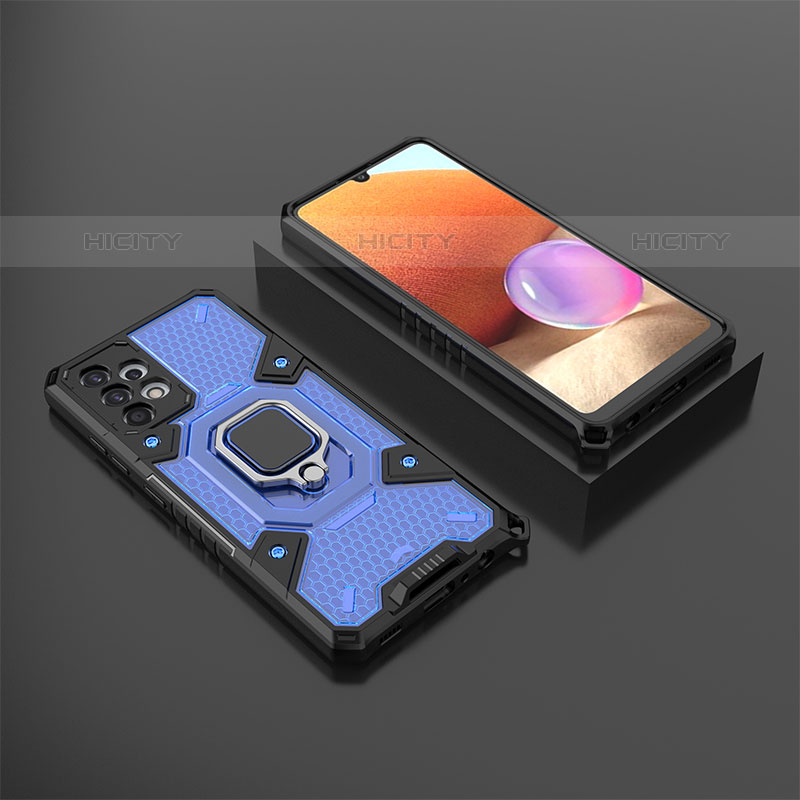 Custodia Silicone e Plastica Opaca Cover con Magnetico Anello Supporto S03 per Samsung Galaxy M32 5G Blu