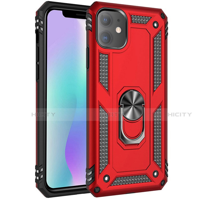 Custodia Silicone e Plastica Opaca Cover con Magnetico Anello Supporto S04 per Apple iPhone 11 Rosso