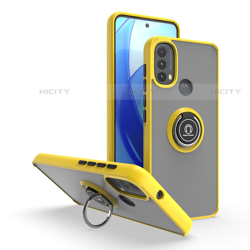 Custodia Silicone e Plastica Opaca Cover con Magnetico Anello Supporto S04 per Motorola Moto E30 Giallo