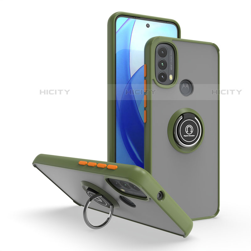 Custodia Silicone e Plastica Opaca Cover con Magnetico Anello Supporto S04 per Motorola Moto E30 Verde