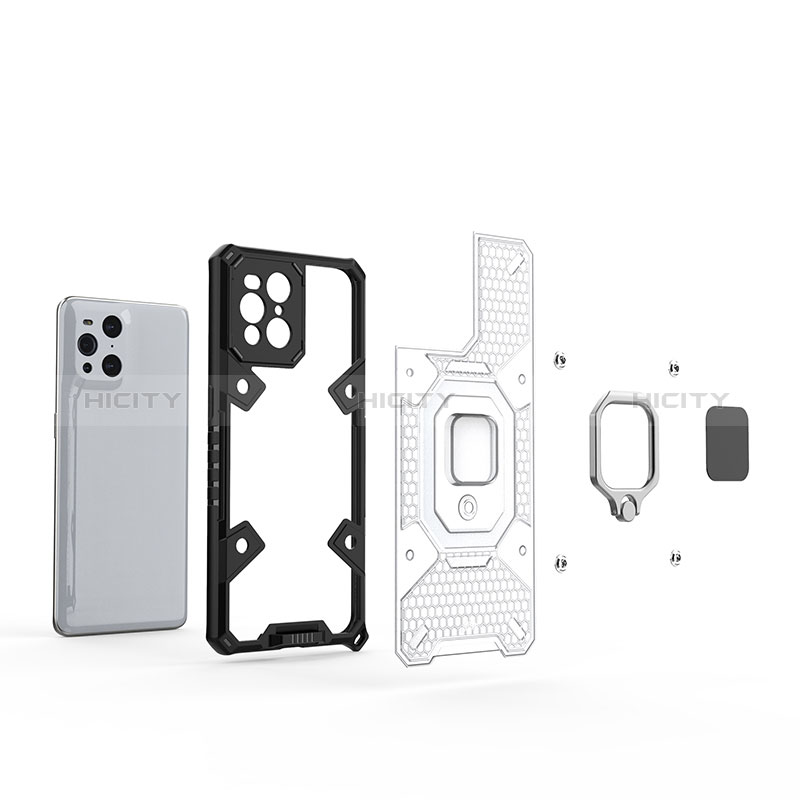 Custodia Silicone e Plastica Opaca Cover con Magnetico Anello Supporto S04 per Oppo Find X3 5G