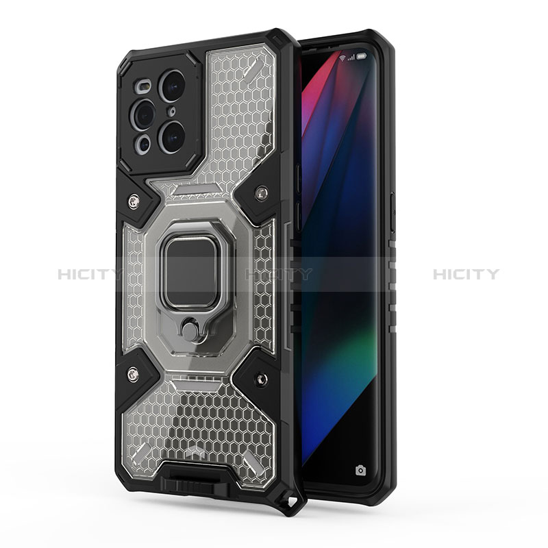 Custodia Silicone e Plastica Opaca Cover con Magnetico Anello Supporto S04 per Oppo Find X3 5G Nero