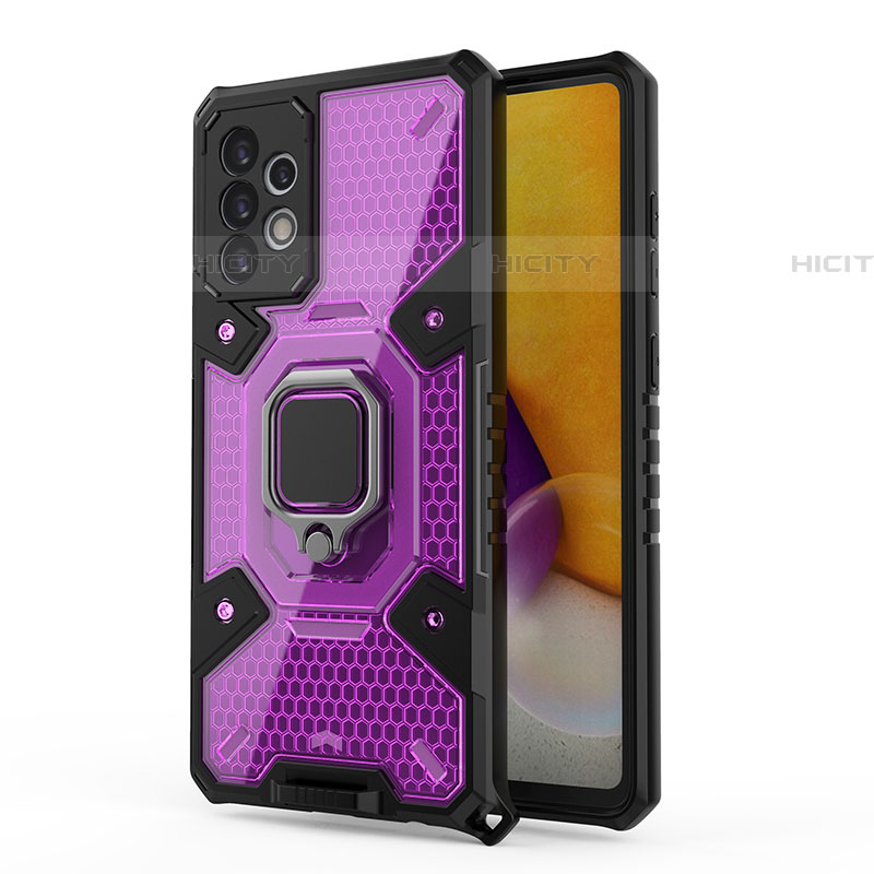 Custodia Silicone e Plastica Opaca Cover con Magnetico Anello Supporto S04 per Samsung Galaxy A72 4G Viola