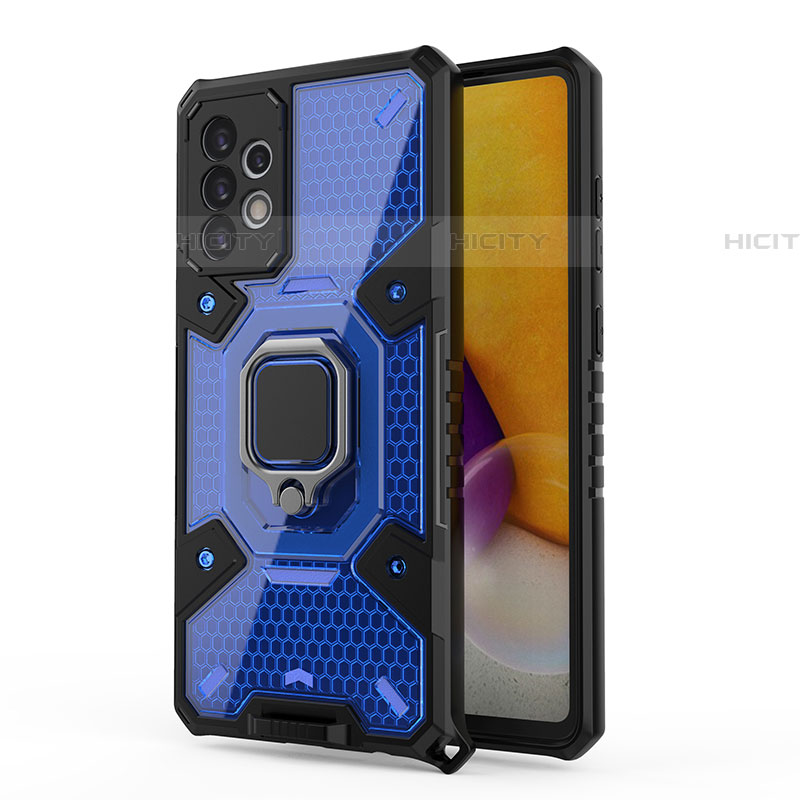 Custodia Silicone e Plastica Opaca Cover con Magnetico Anello Supporto S04 per Samsung Galaxy A72 5G Blu