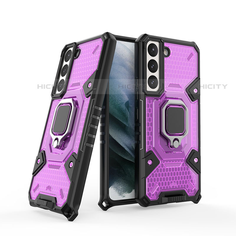 Custodia Silicone e Plastica Opaca Cover con Magnetico Anello Supporto S04 per Samsung Galaxy S21 FE 5G Viola