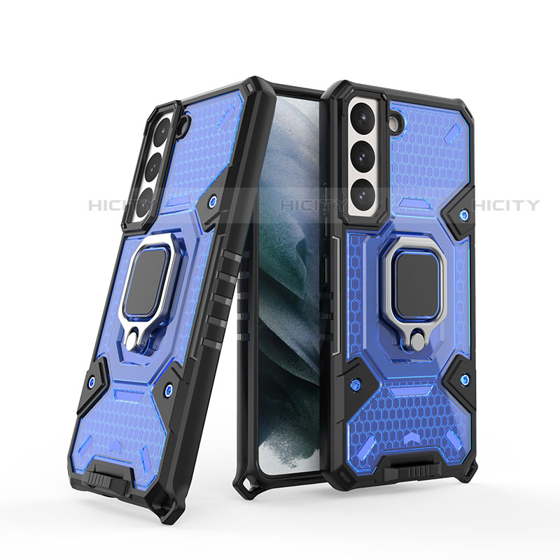 Custodia Silicone e Plastica Opaca Cover con Magnetico Anello Supporto S04 per Samsung Galaxy S23 5G Blu