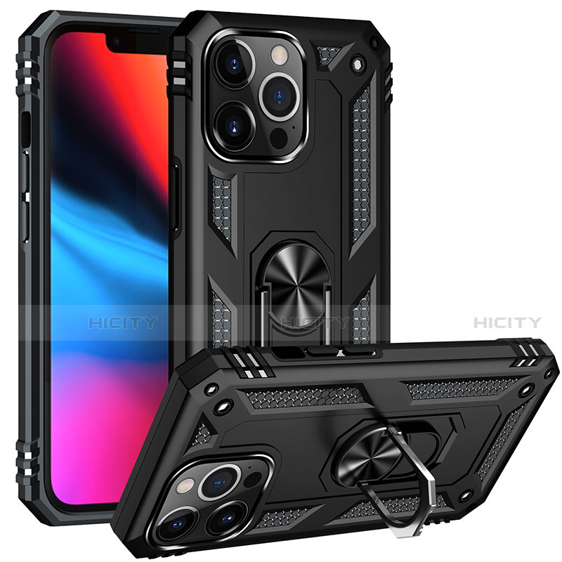 Custodia Silicone e Plastica Opaca Cover con Magnetico Anello Supporto S05 per Apple iPhone 13 Pro Max Nero