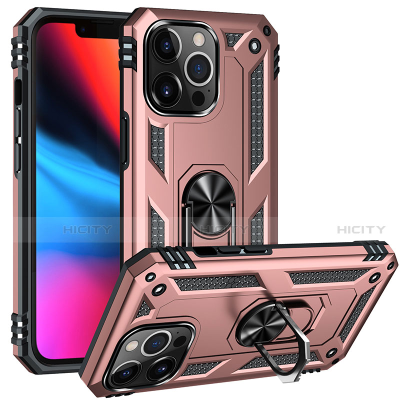 Custodia Silicone e Plastica Opaca Cover con Magnetico Anello Supporto S05 per Apple iPhone 13 Pro Oro Rosa