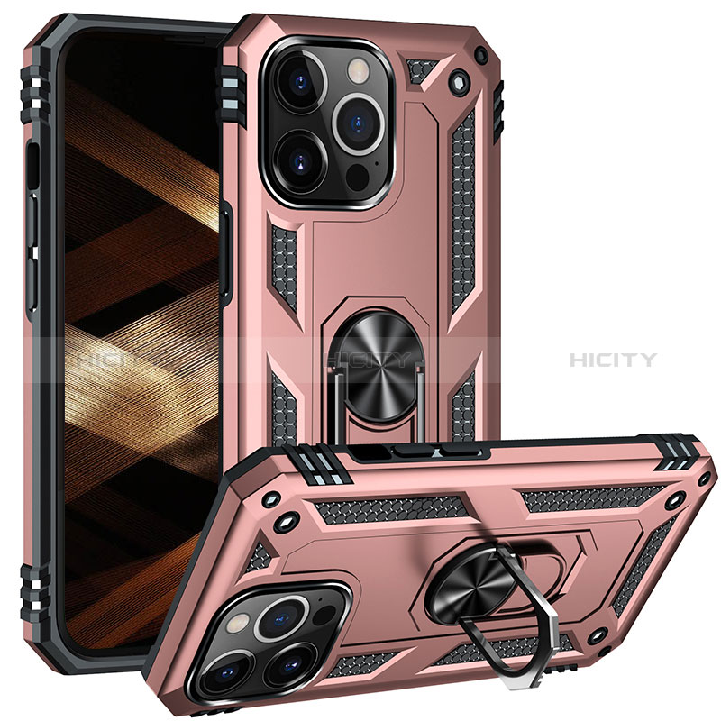 Custodia Silicone e Plastica Opaca Cover con Magnetico Anello Supporto S05 per Apple iPhone 14 Pro Max Oro Rosa