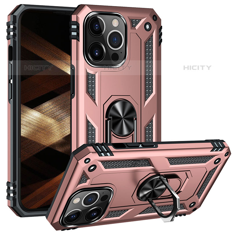 Custodia Silicone e Plastica Opaca Cover con Magnetico Anello Supporto S05 per Apple iPhone 15 Pro Max Oro Rosa