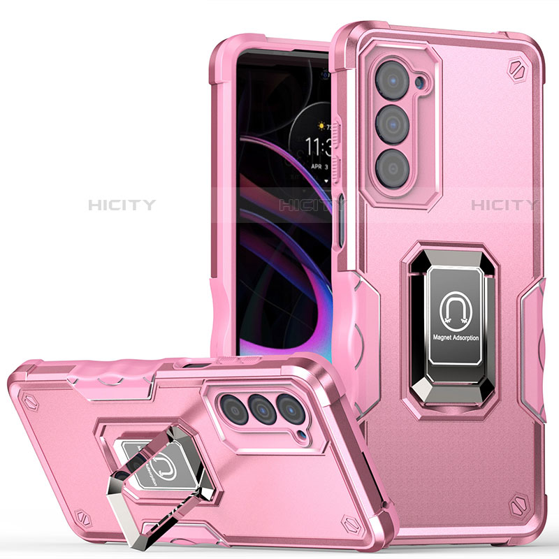 Custodia Silicone e Plastica Opaca Cover con Magnetico Anello Supporto S05 per Motorola Moto Edge (2021) 5G Rosa Caldo