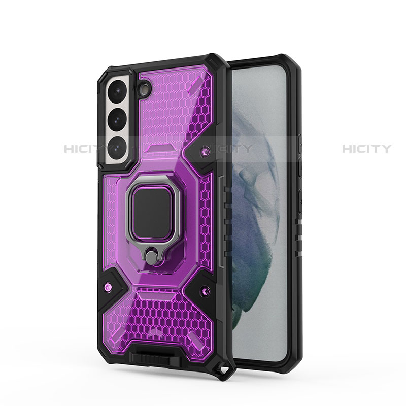 Custodia Silicone e Plastica Opaca Cover con Magnetico Anello Supporto S05 per Samsung Galaxy S21 FE 5G Viola