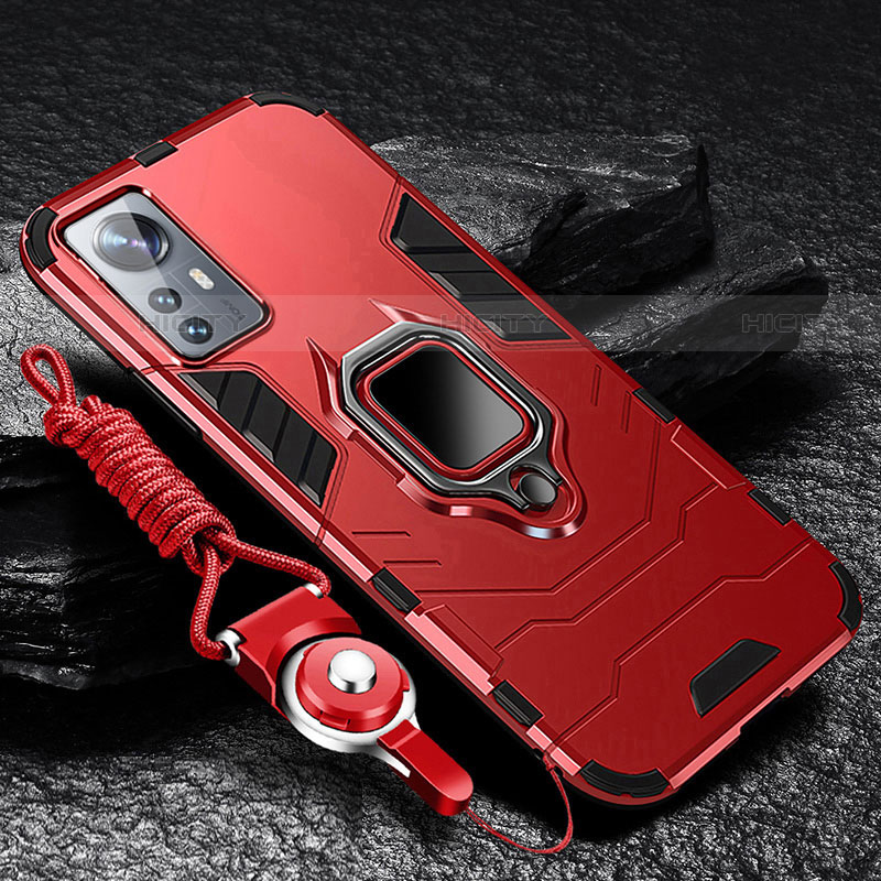 Custodia Silicone e Plastica Opaca Cover con Magnetico Anello Supporto S05 per Xiaomi Mi 12 Pro 5G Rosso