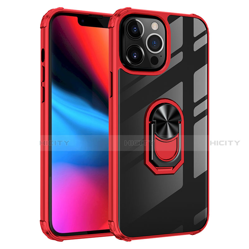 Custodia Silicone e Plastica Opaca Cover con Magnetico Anello Supporto S06 per Apple iPhone 13 Pro Max Rosso