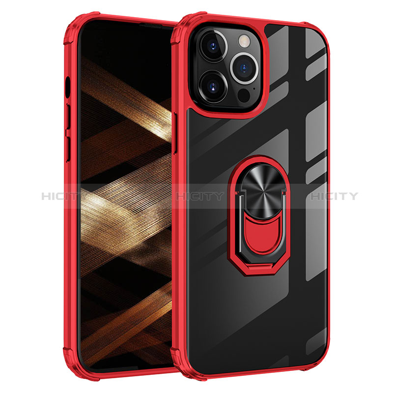 Custodia Silicone e Plastica Opaca Cover con Magnetico Anello Supporto S06 per Apple iPhone 14 Pro Max Rosso