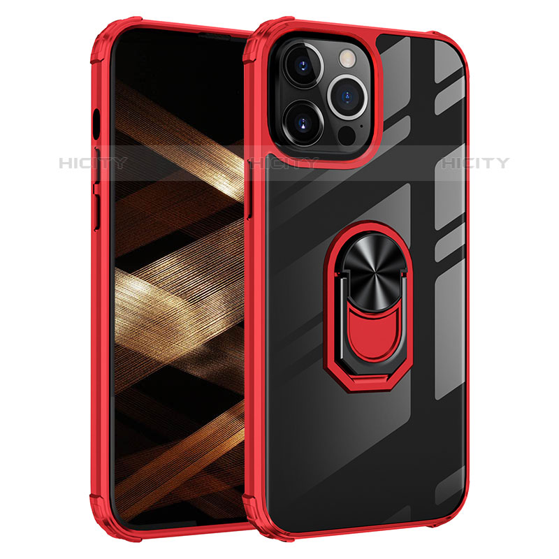 Custodia Silicone e Plastica Opaca Cover con Magnetico Anello Supporto S06 per Apple iPhone 15 Pro Max Rosso