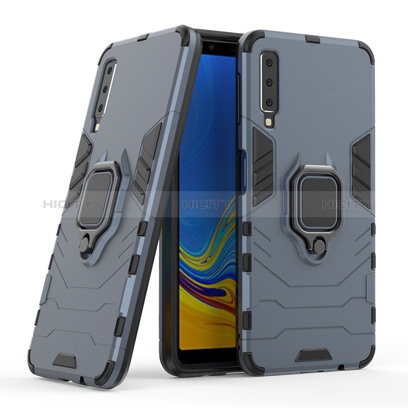 Custodia Silicone e Plastica Opaca Cover con Magnetico Anello Supporto S06 per Samsung Galaxy A7 (2018) A750 Blu