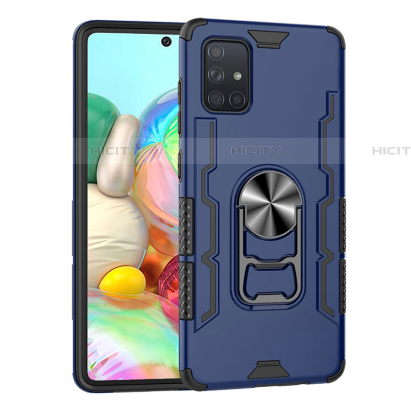 Custodia Silicone e Plastica Opaca Cover con Magnetico Anello Supporto S06 per Samsung Galaxy A71 5G Blu