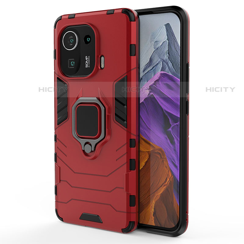 Custodia Silicone e Plastica Opaca Cover con Magnetico Anello Supporto S06 per Xiaomi Mi 11 Pro 5G Rosso