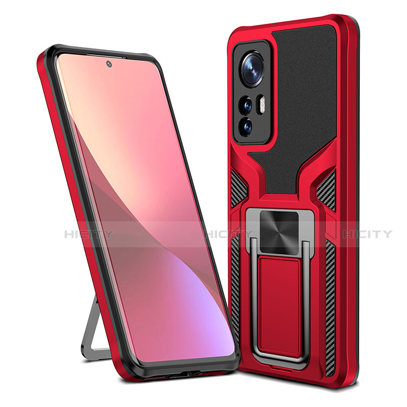 Custodia Silicone e Plastica Opaca Cover con Magnetico Anello Supporto S06 per Xiaomi Mi 12 5G Rosso