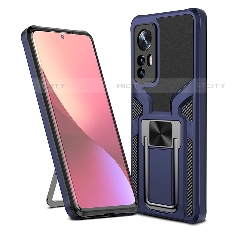 Custodia Silicone e Plastica Opaca Cover con Magnetico Anello Supporto S06 per Xiaomi Mi 12S Pro 5G Blu